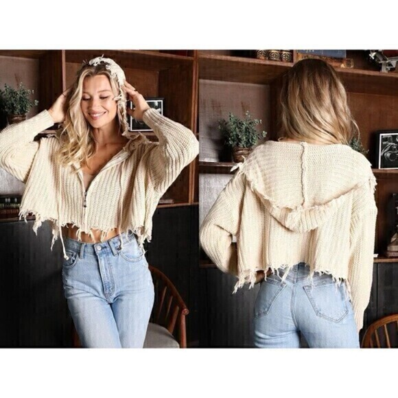 Kamden Tassel Oversized Sweater Crop Tops Casual Hooded Knit Cardigan Zip Jacket - Picture 1 of 16